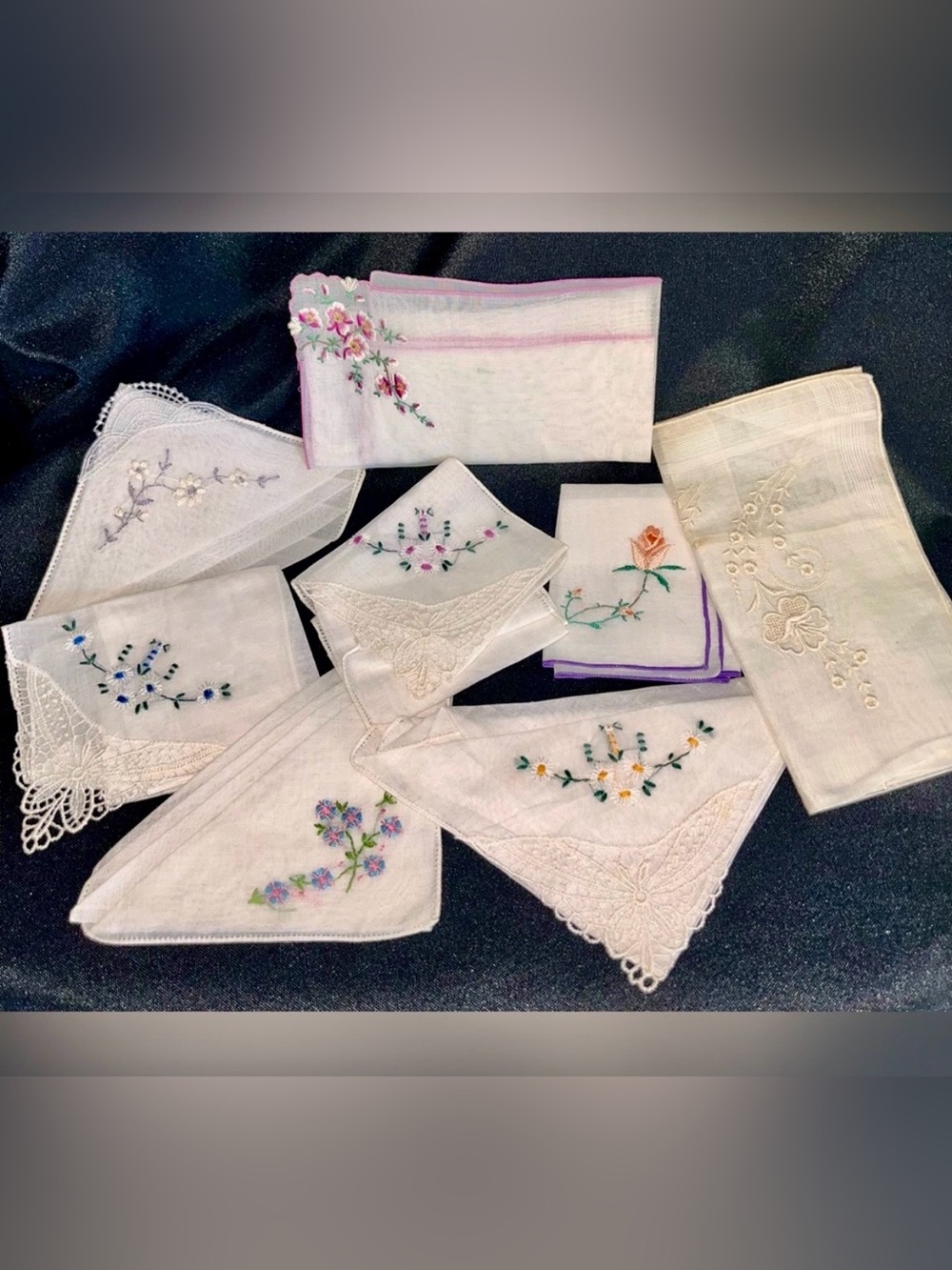 8pc Vintage MCM Embroidered Handkerchief Set - Bridal Lace Something Old Blue
